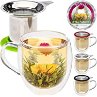 Los mejores  - Taza de té de cristal doble con infusor de Teabloom &amp- tapa +2 flores de té gourment - taza de té de 15 oz - la tapa…